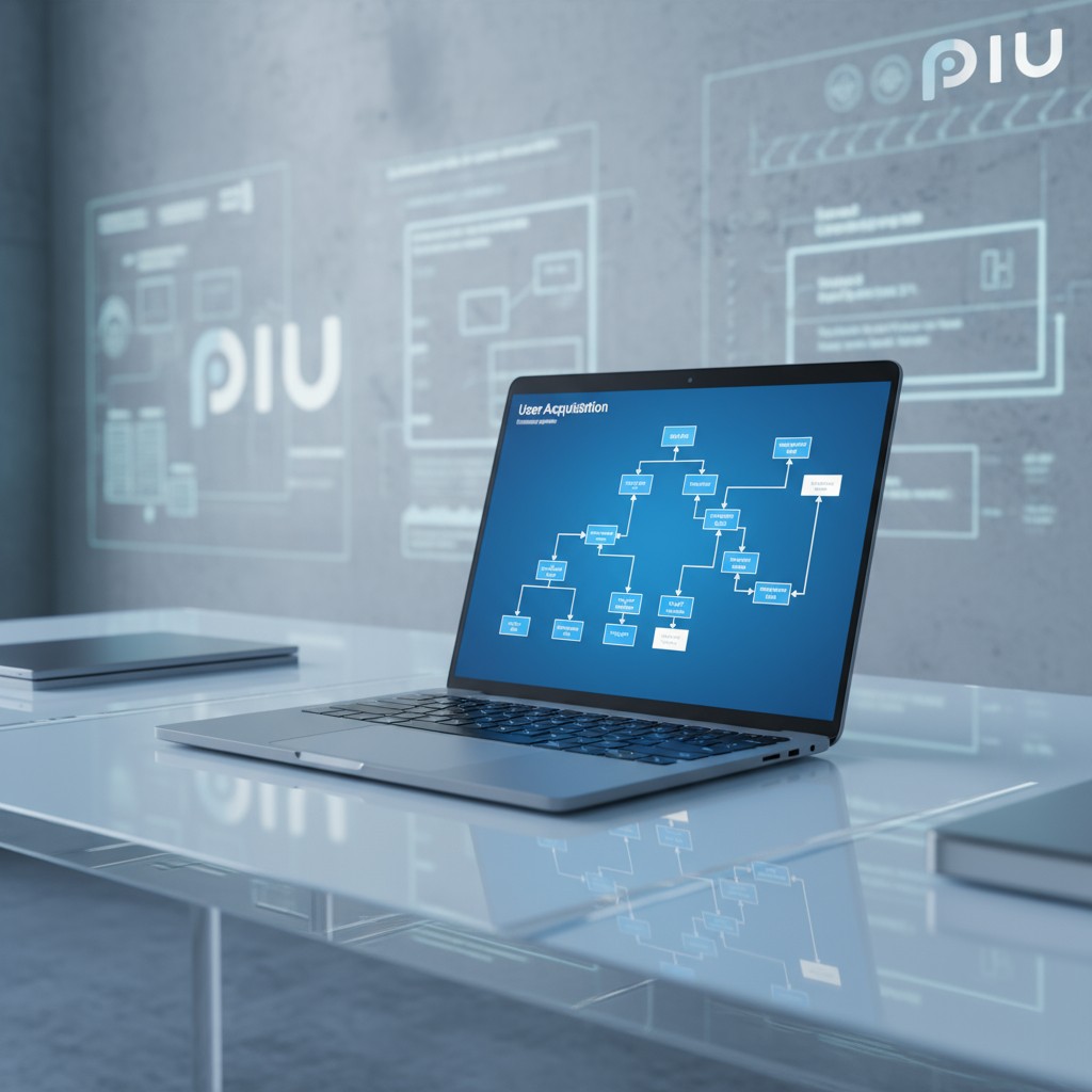 Laptop on desk with flowchart displayed on screen, possibly related to user acquisition process, with two blue-toned diagr...