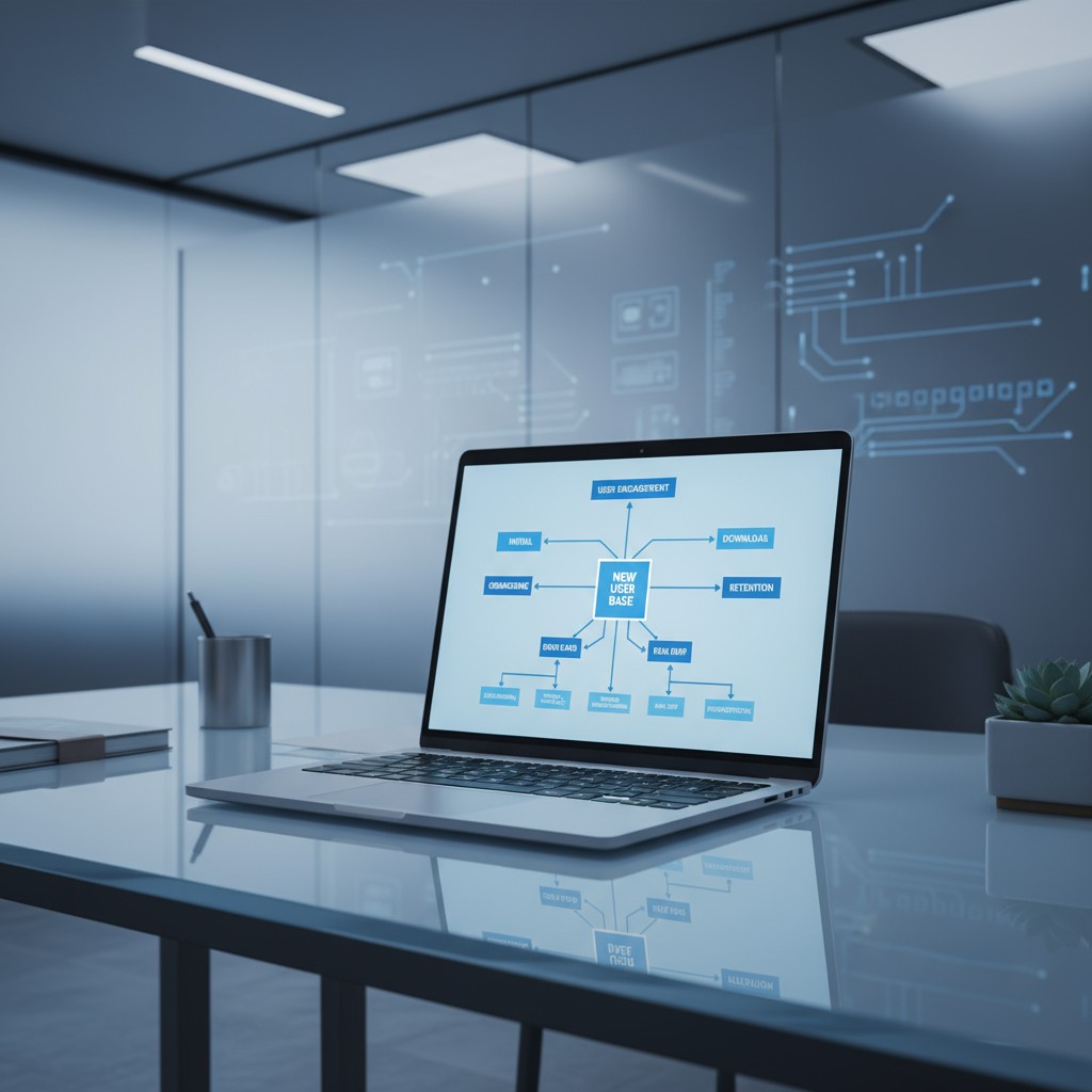 A laptop with a flow chart on the screen, displaying networking concepts.
