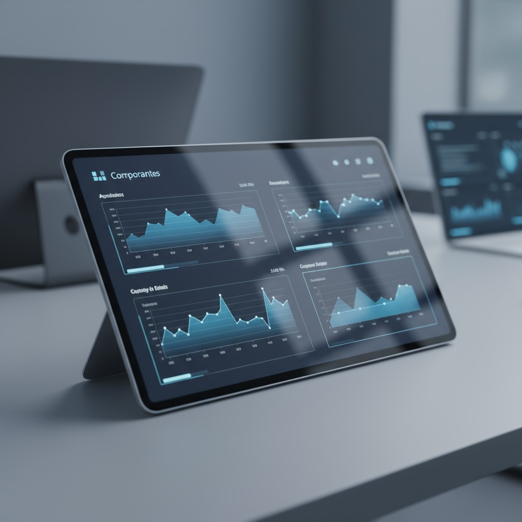 Digital tablet displaying a dashboard with four charts. The charts include at least one depicted graph labeled in white wr...