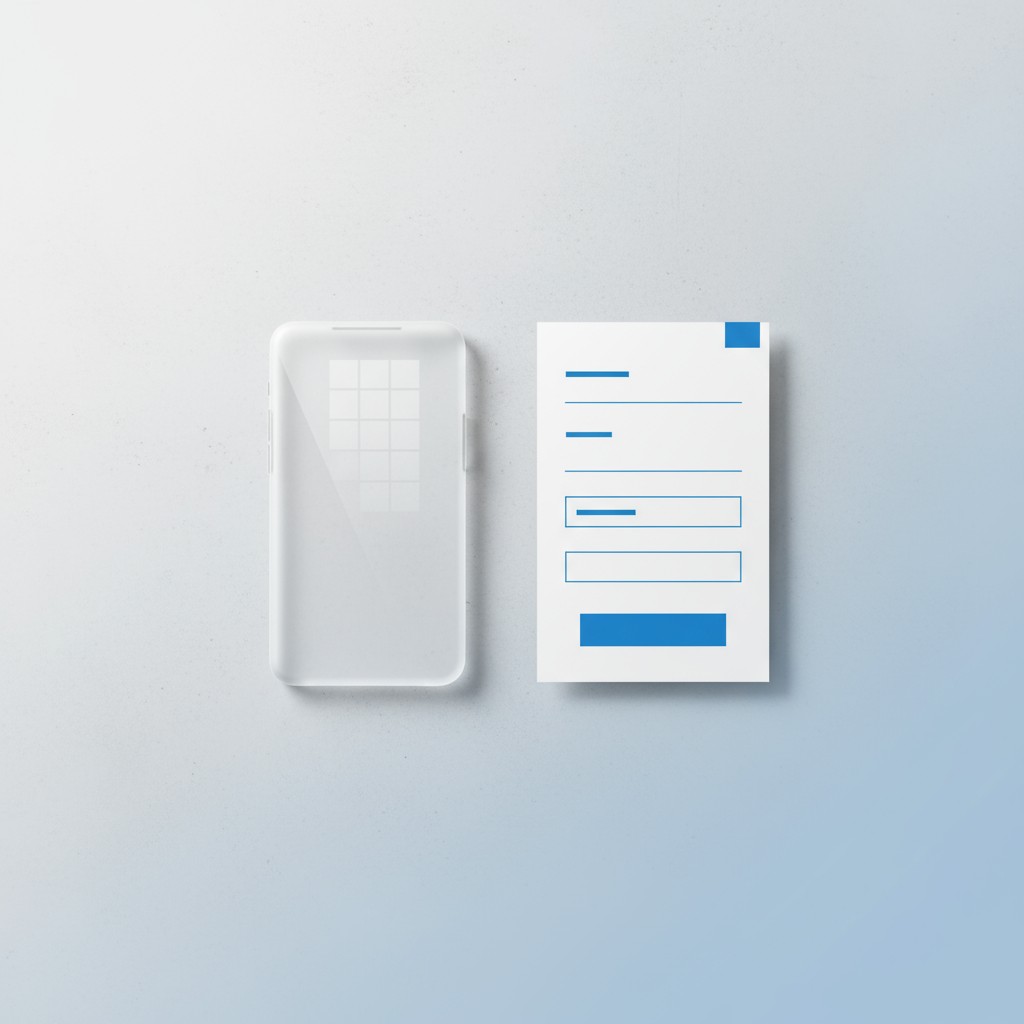 An empty white cell phone case and a small stack of business cards.