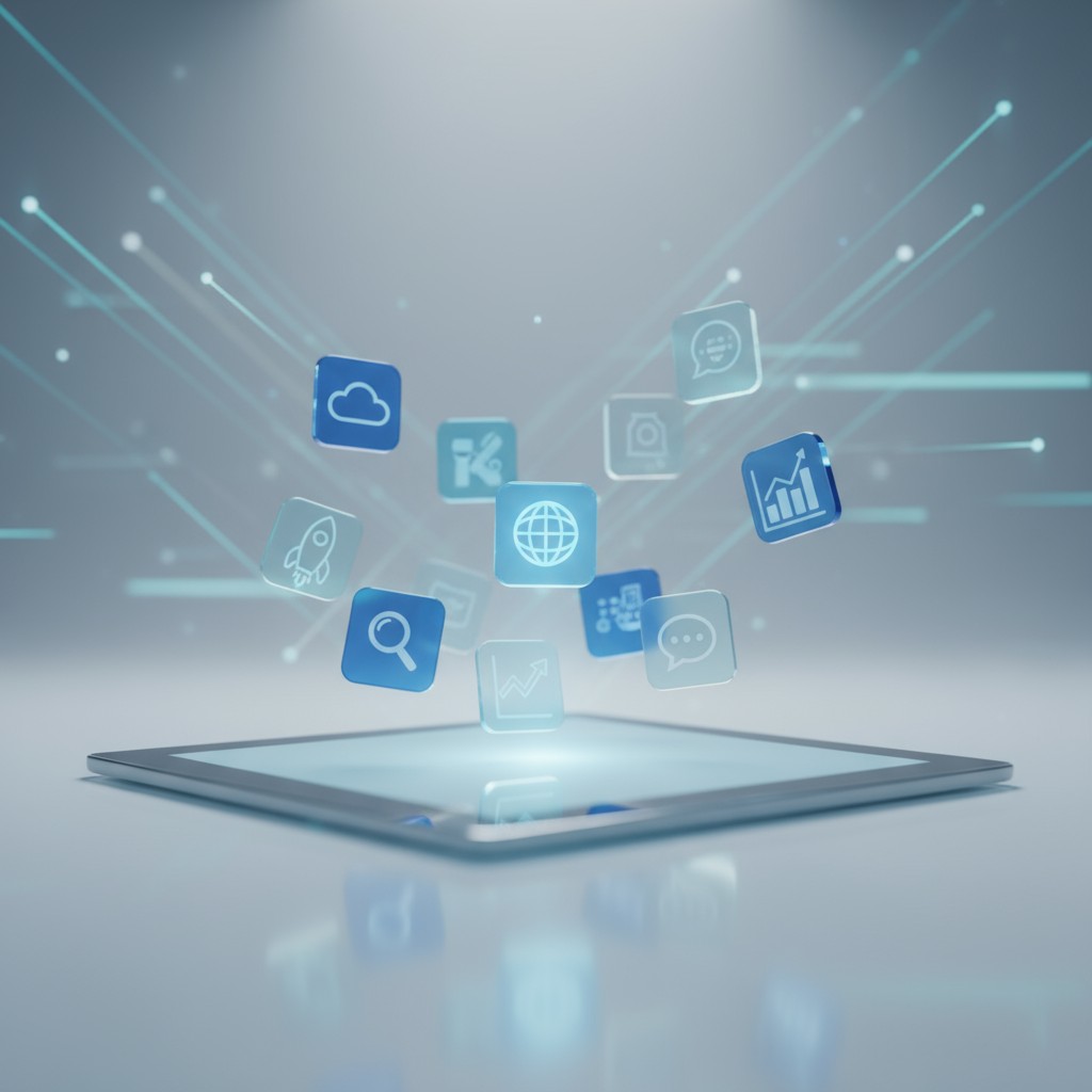 A tablet displaying various social media icons on a gray background.